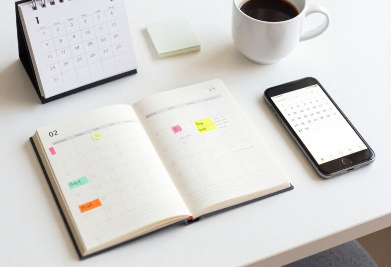 A desk with a paper calendar and a smartphone showing a budget calendar, with colorful markers and a coffee cup.