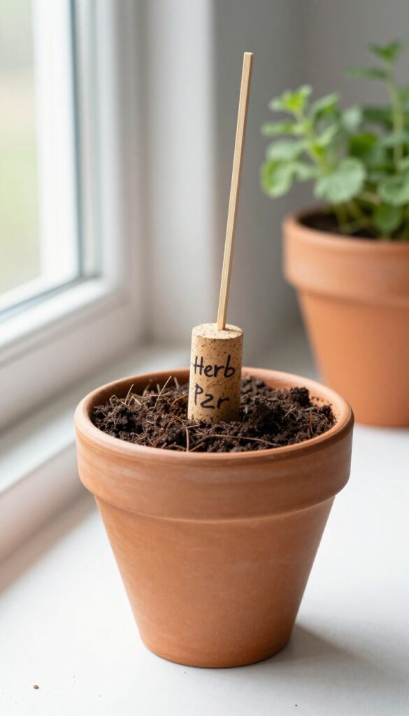 Wine cork plant marker in a terracotta pot with an herb plant, rustic home organization idea