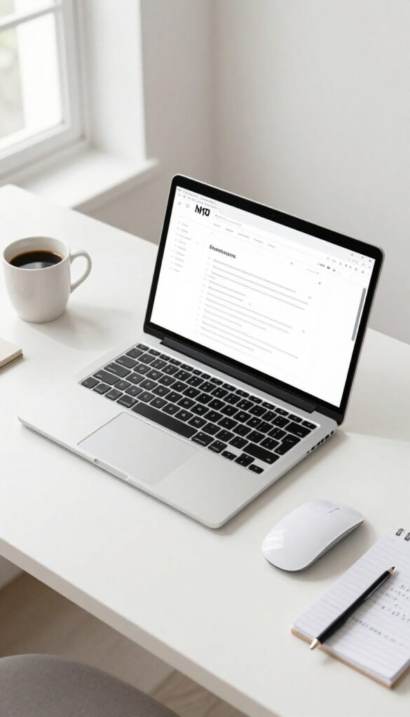 A person testing a website on a laptop at a bright, clean desk with notepad and coffee.