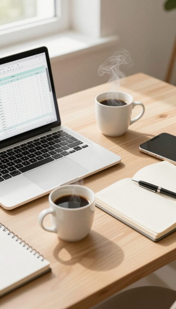 Top-down view of a laptop with a spreadsheet, coffee cup, notebook, and pen on a wooden desk in bright natural light.