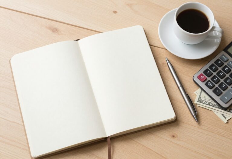 Budgeting tools on a desk: notebook, pen, calculator, cash, and coffee