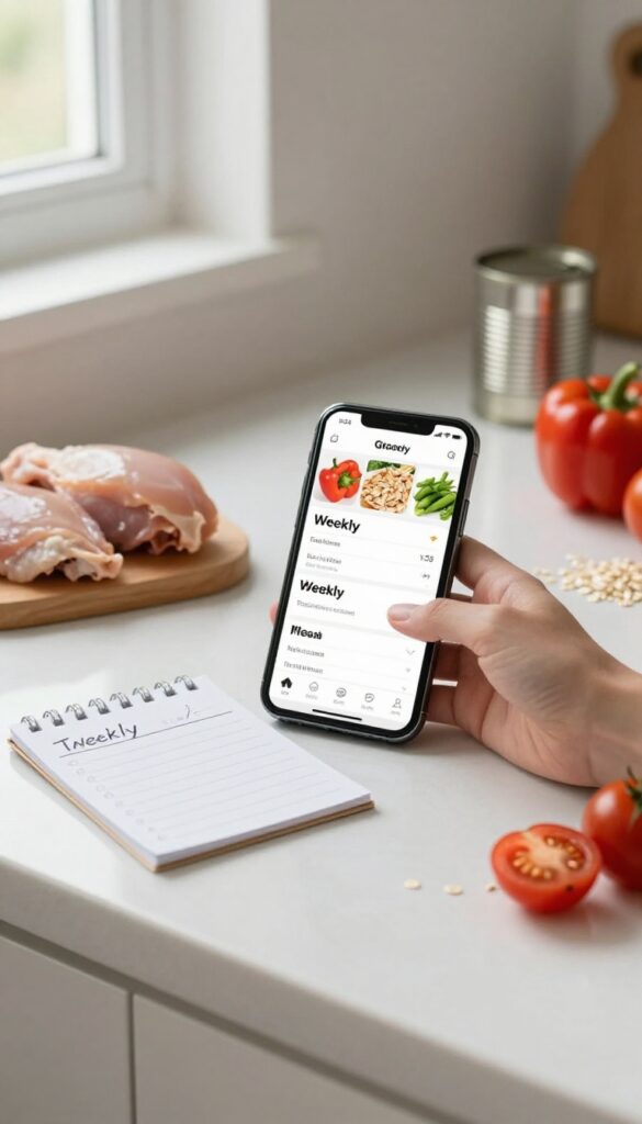 Meal planning with grocery store app and fresh ingredients on a kitchen counter