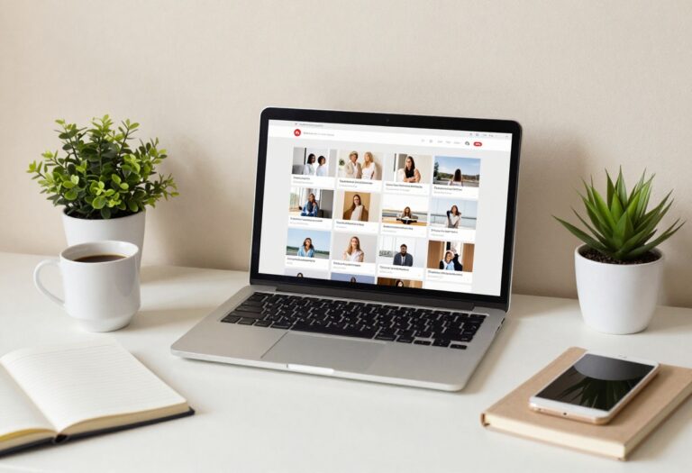 Workspace with laptop displaying Pinterest boards, notebooks, coffee, and plant