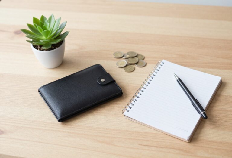 Flat lay of wallet, notebook, pen, coins, and plant on wooden table representing money saving habits.