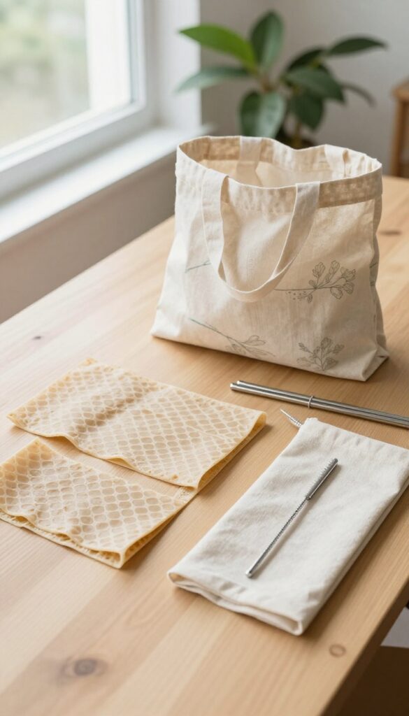 Flat lay of eco-friendly reusables including beeswax wraps, reusable shopping bag, and stainless steel straws on a wooden table with natural light and a plant.