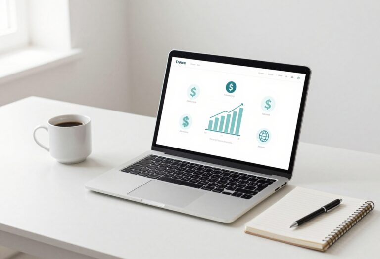 Workspace with laptop and icons representing online income ideas
