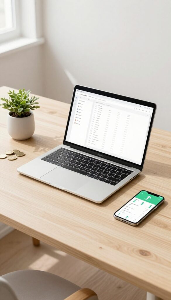 Flat lay of laptop, smartphone with stock app, coins, and plant on wooden desk in natural light