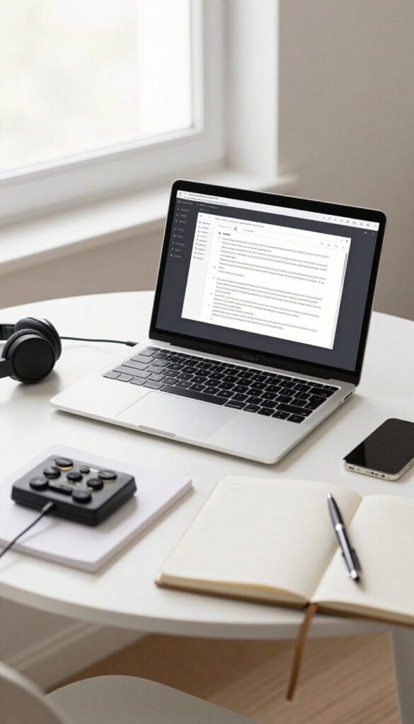 Desk with laptop, headphones, foot pedal, and notebook for transcription work.