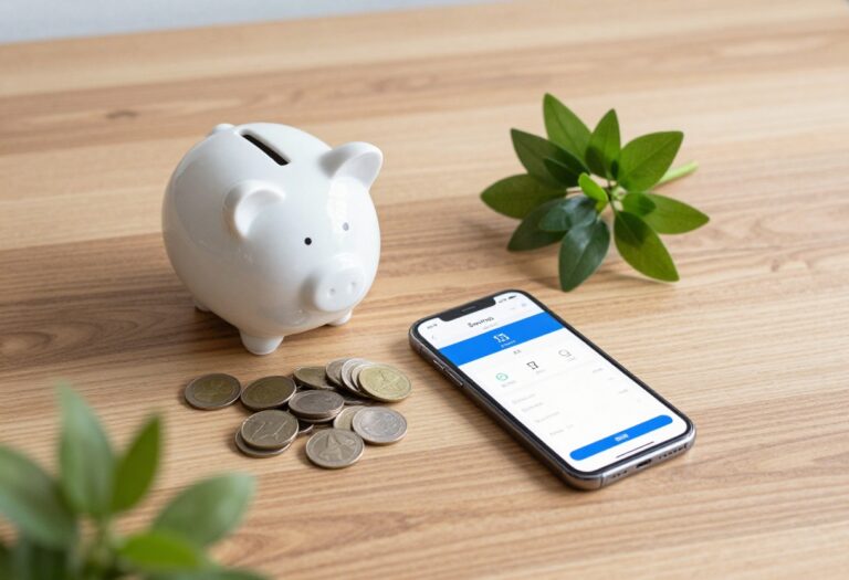 A flat lay of a piggy bank, coin jar, smartphone with savings app, and a small plant on a wooden table.
