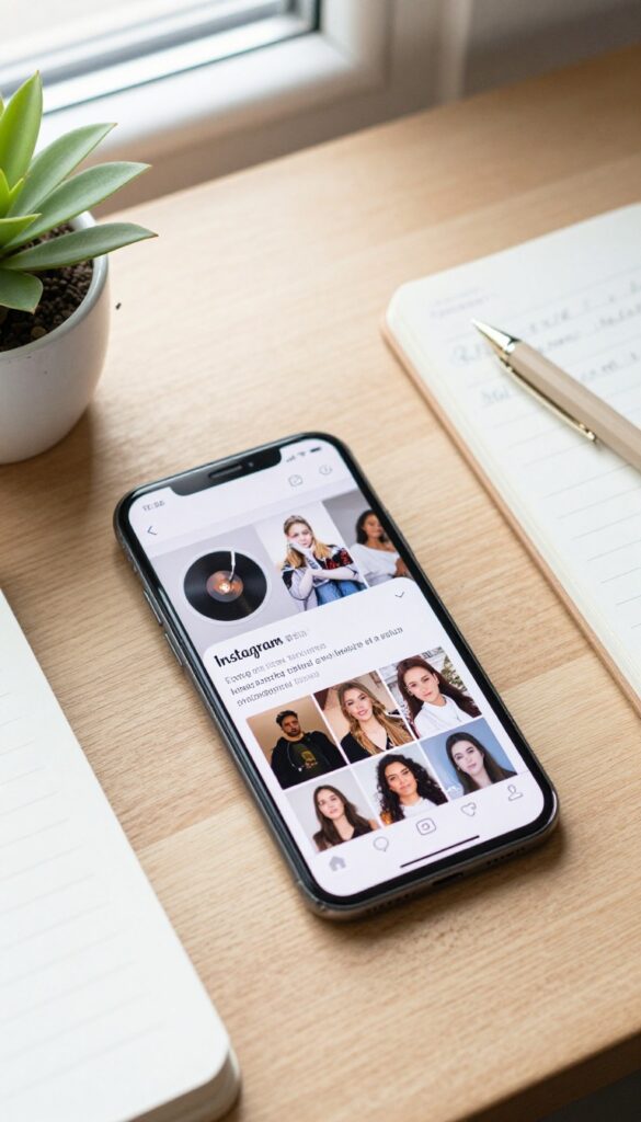 Smartphone on desk showing Instagram profile with blog link, surrounded by coffee, notebook, and plant