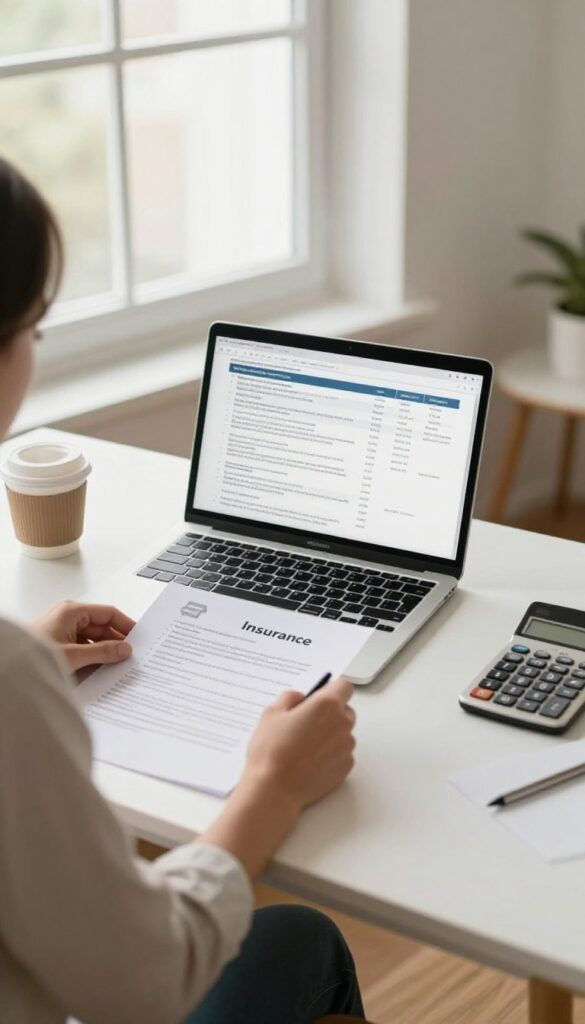 Person reviewing insurance policies at a desk with laptop and documents