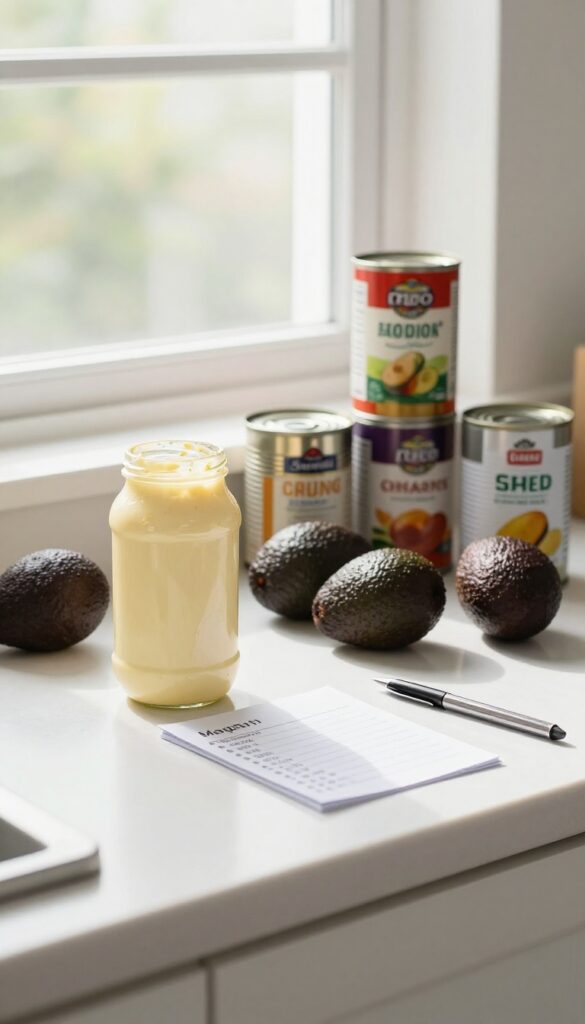 Kitchen counter with half-used mayo, overripe avocados, canned goods, and a shopping list in natural light