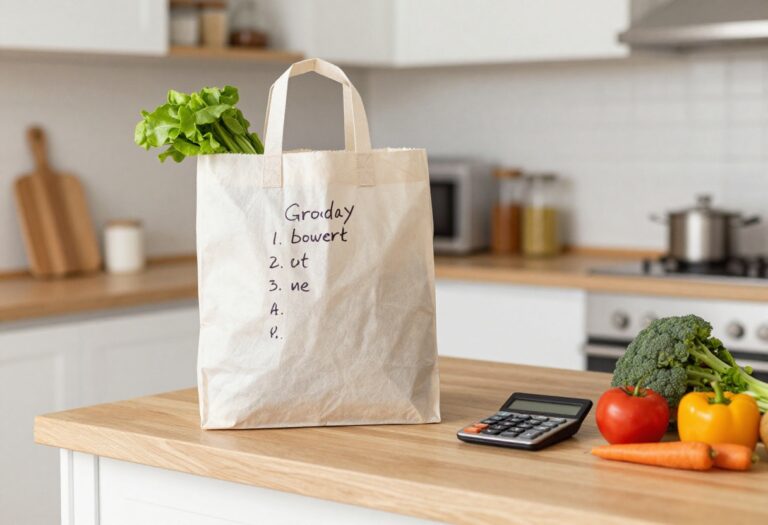 A reusable shopping bag with a grocery list and calculator on a kitchen counter next to fresh vegetables.