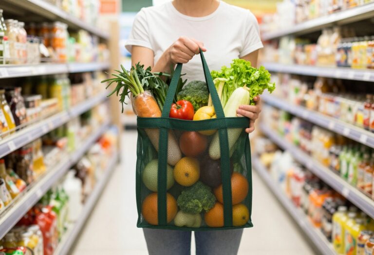 Person holding reusable grocery bag with fresh produce in a supermarket aisle