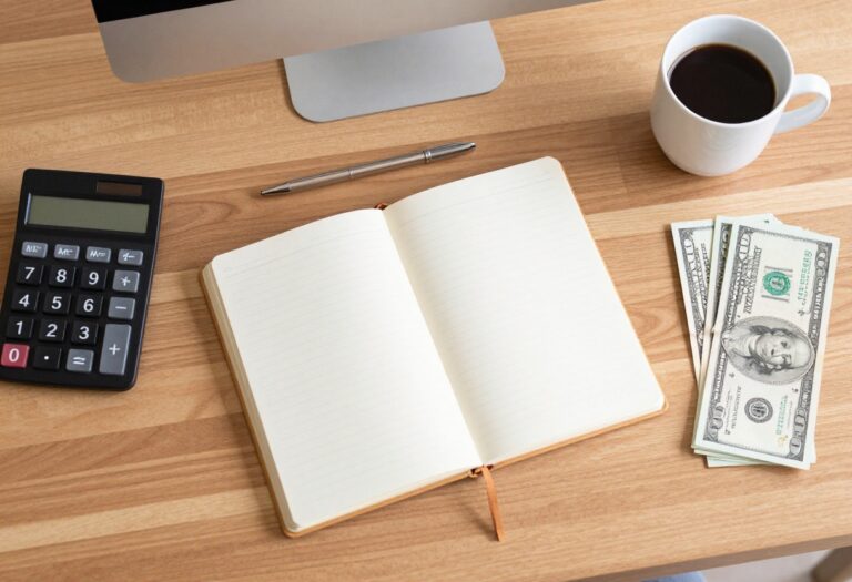 Flat lay of budgeting tools including notebook, pen, calculator, and cash on a wooden desk
