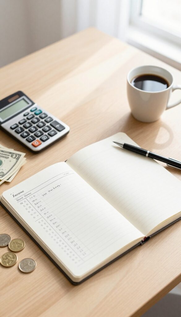 Zero-based budget planning on a desk with calculator, notebook, and cash