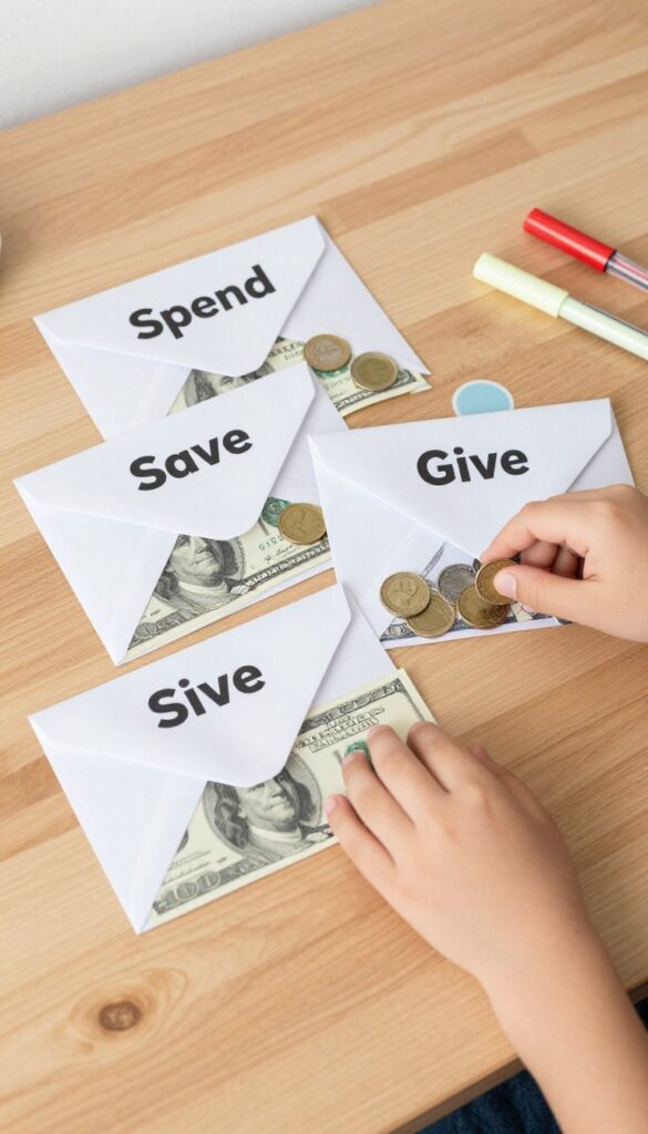 Child's hands sorting allowance cash into spend, save, and give envelopes on a desk with stickers and markers.