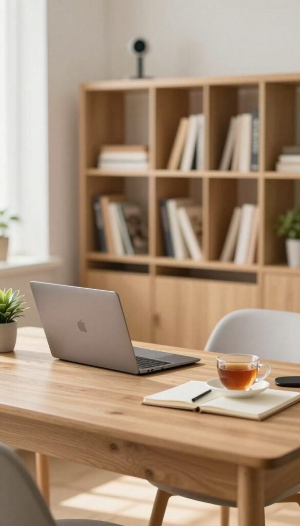 Cozy home office with laptop and webcam for online tutoring