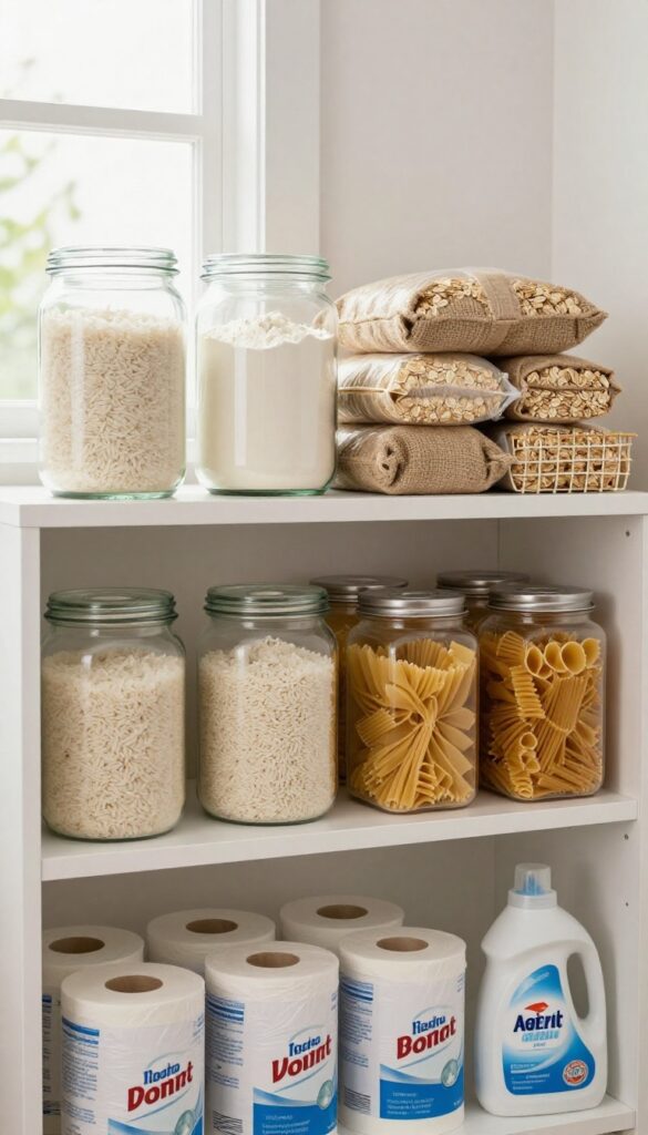 Organized pantry with bulk non-perishable items in clear containers