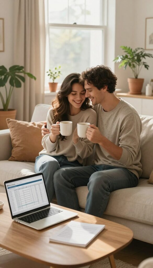 A couple having a relaxed monthly budget meeting on their sofa with laptops and coffee, cozy home setting.