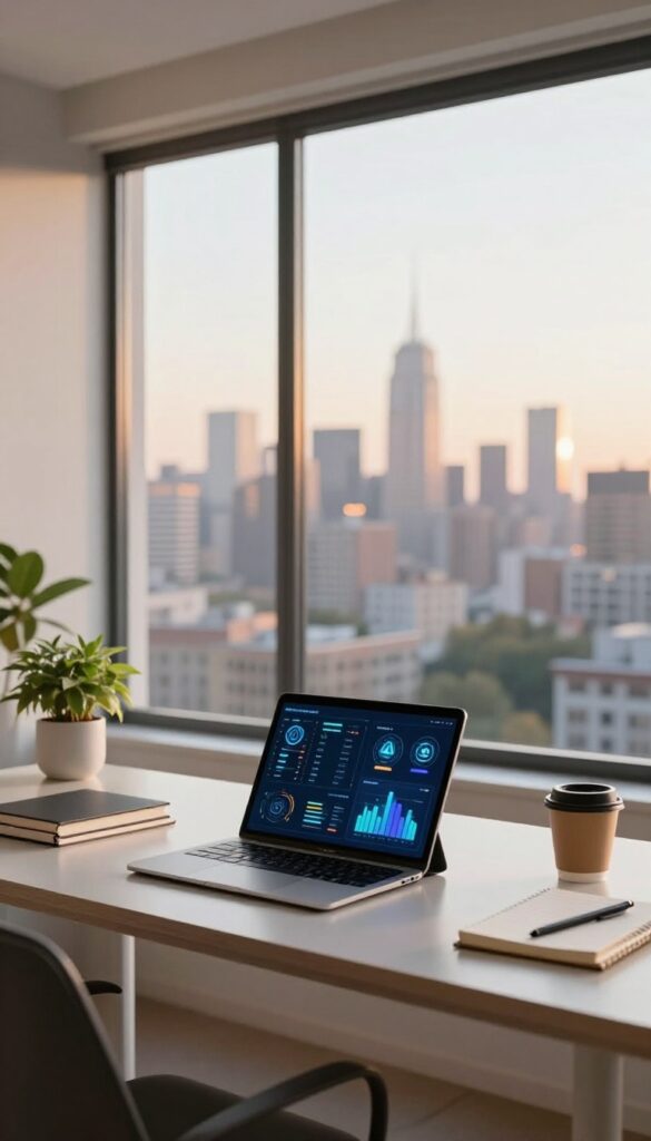 Modern home office with futuristic dashboard on tablet, city skyline at sunrise
