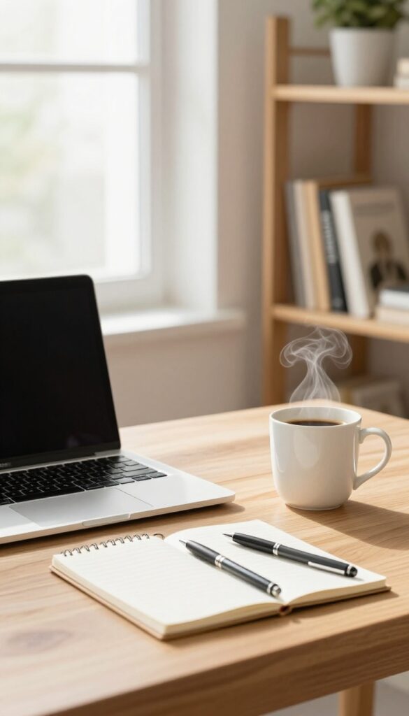 Cozy home office with laptop, coffee, and notebook on a wooden desk, bookshelf in background, natural light.