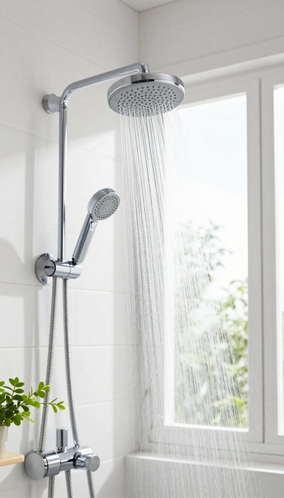 Low-flow showerhead spraying water in a bright, clean bathroom