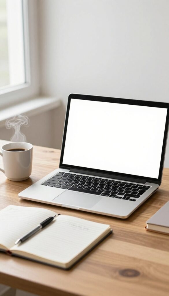 A cozy workspace with laptop, coffee, and notebook by a sunny window, ideal for freelance writing.