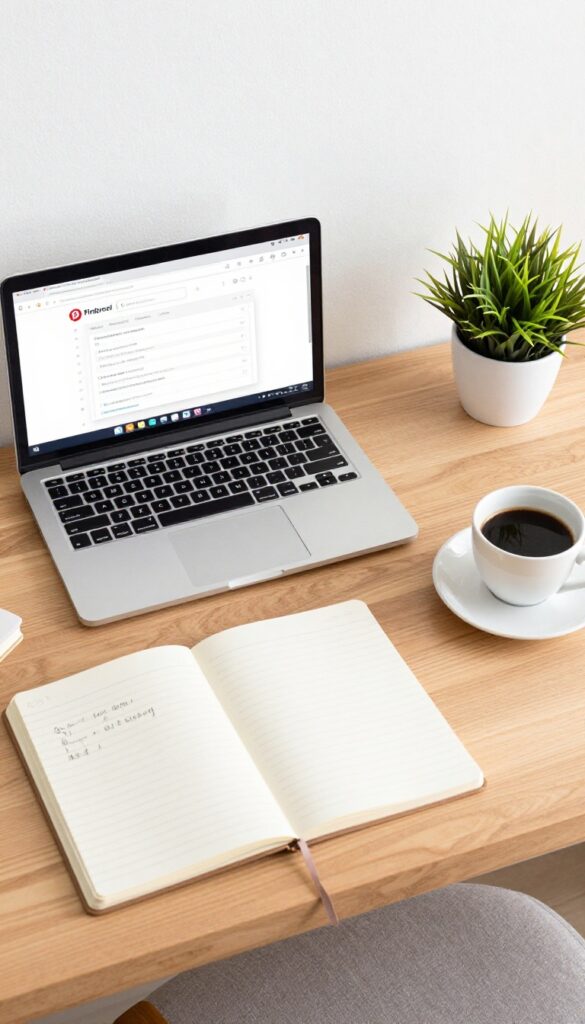 Flat lay of laptop with Pinterest search bar, notebook with keywords, coffee, and plant on wooden desk.