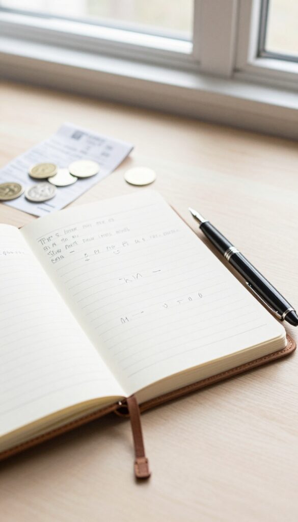 Open notebook with handwritten expenses and a pen on a wooden desk, coins and receipt nearby