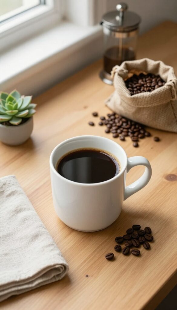 Cozy home coffee brewing setup with French press and ceramic mug on wooden table