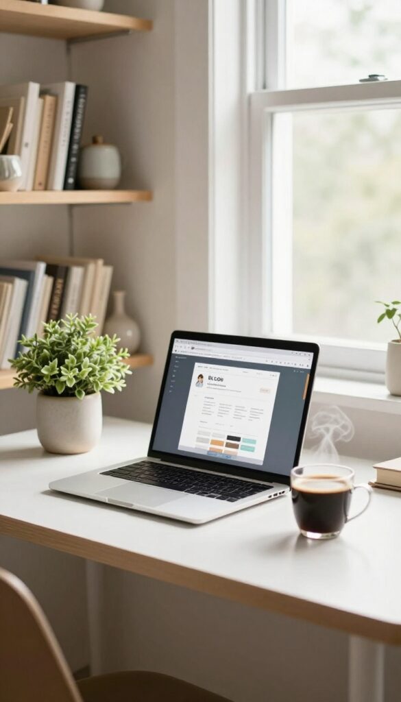 A cozy desk setup with a laptop, coffee, and plant, representing a niche blog or YouTube channel.