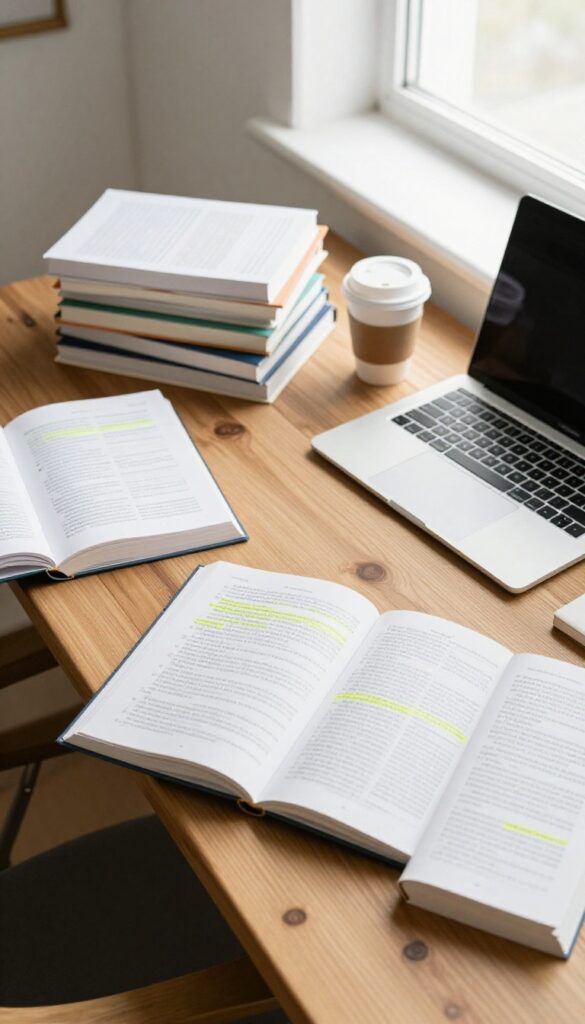 Stack of used textbooks and a laptop on a desk with natural lighting