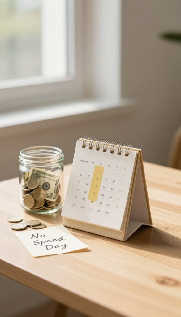 A minimalist desk calendar with a highlighted no spend day, a jar of savings, and a handwritten note, all in warm natural light.