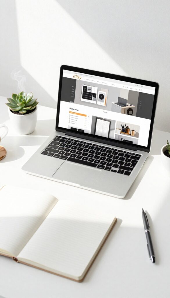 Flat lay of a laptop displaying an Etsy digital product listing, with coffee, succulent, notebook, and pen on a white desk.