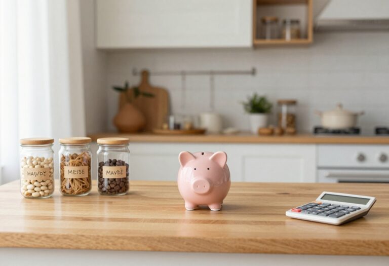Family budgeting with sinking fund jars and a piggy bank on a table