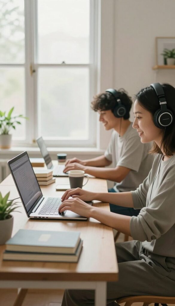 A couple hosting a virtual Airbnb experience from their home office, with one person speaking to the camera and the other managing logistics.