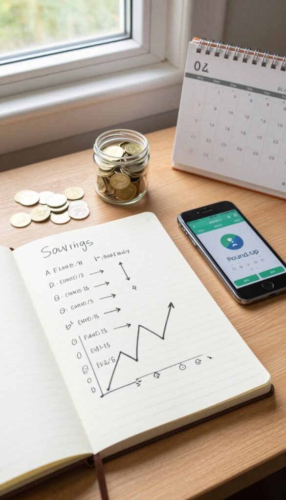 Custom hybrid savings challenge setup with notebook, smartphone, coins, and calendar on a wooden desk