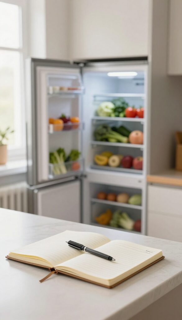 A kitchen counter with a meal planning notebook and shopping list, fresh ingredients visible in the background