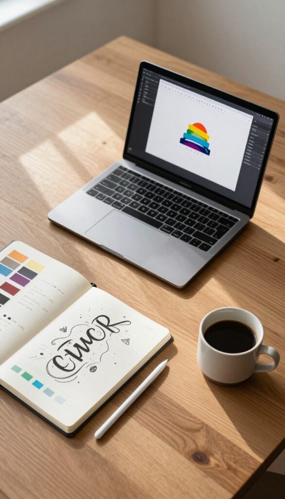 A desk setup for graphic design work with a laptop, sketchbook, and coffee, bathed in natural light.