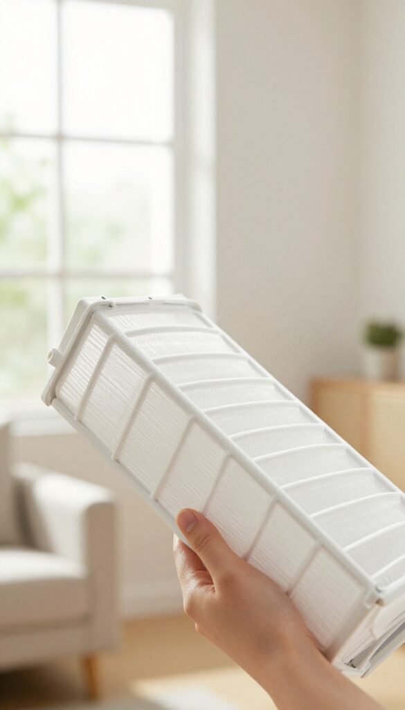 Hand holding a clean white air filter in a bright living room with sunlight