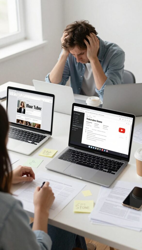 Overwhelmed person at cluttered desk with multiple laptops showing different online projects