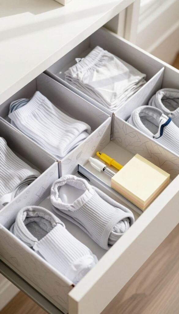 Open drawer with shoeboxes covered in wrapping paper used as drawer dividers, organizing socks and office supplies.