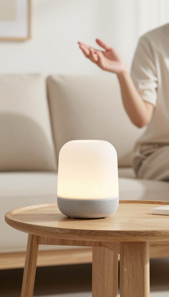 Smart speaker on a side table in a bright living room, person gesturing towards it