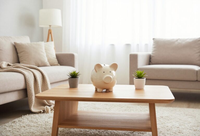 Cozy living room with a piggy bank on a coffee table