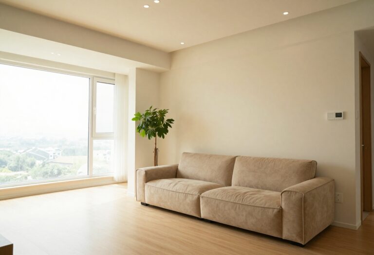 Cozy living room with energy-saving features like LED bulbs and a thermostat