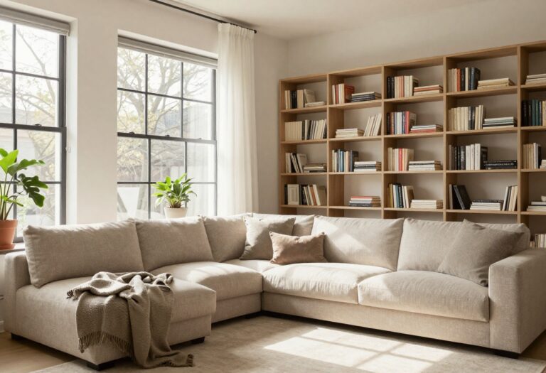 Cozy frugal apartment living room with plants and bookshelf