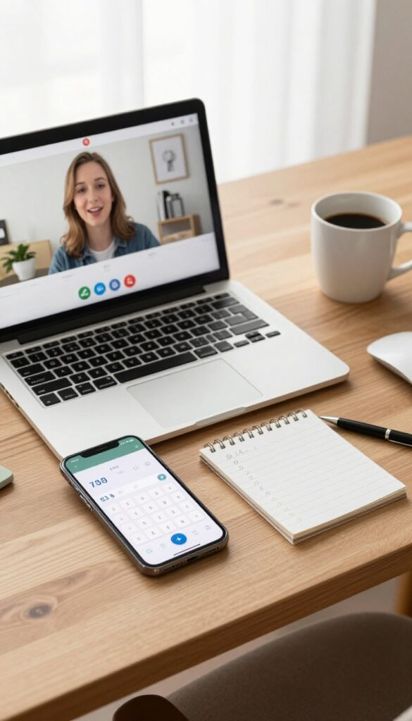 Person negotiating bills online with laptop, phone, calculator, and notepad on desk