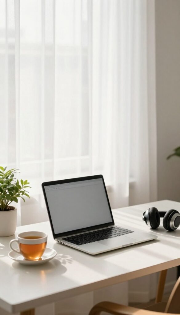 Online English tutoring setup with laptop, headset, and tea on a clean desk by a sunny window
