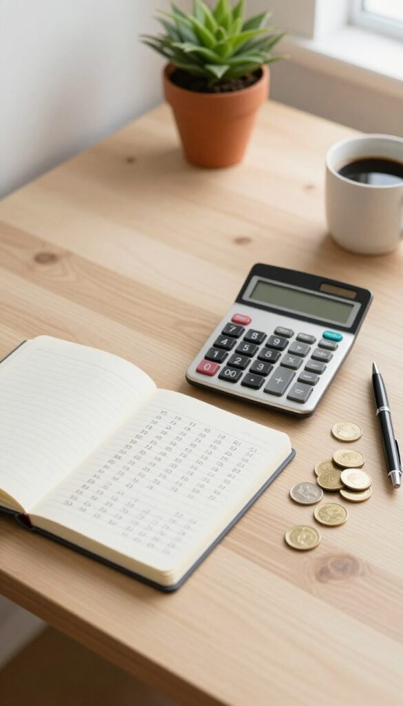 A desk with a calculator, notebook, pen, coins, plant, and coffee mug in natural light.